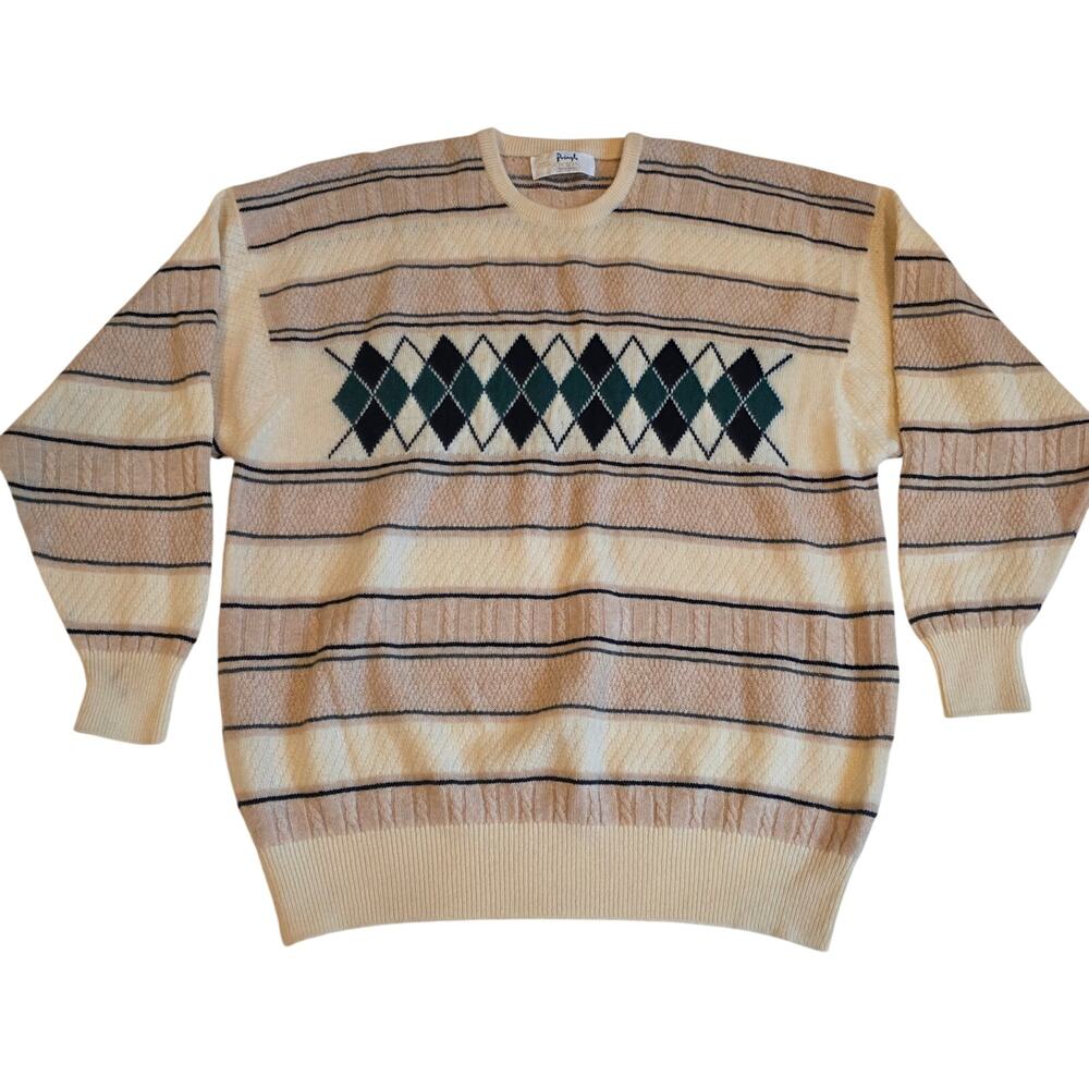 VTG Argyle Knit Wool Sweater‎ Pringle Distressed XL